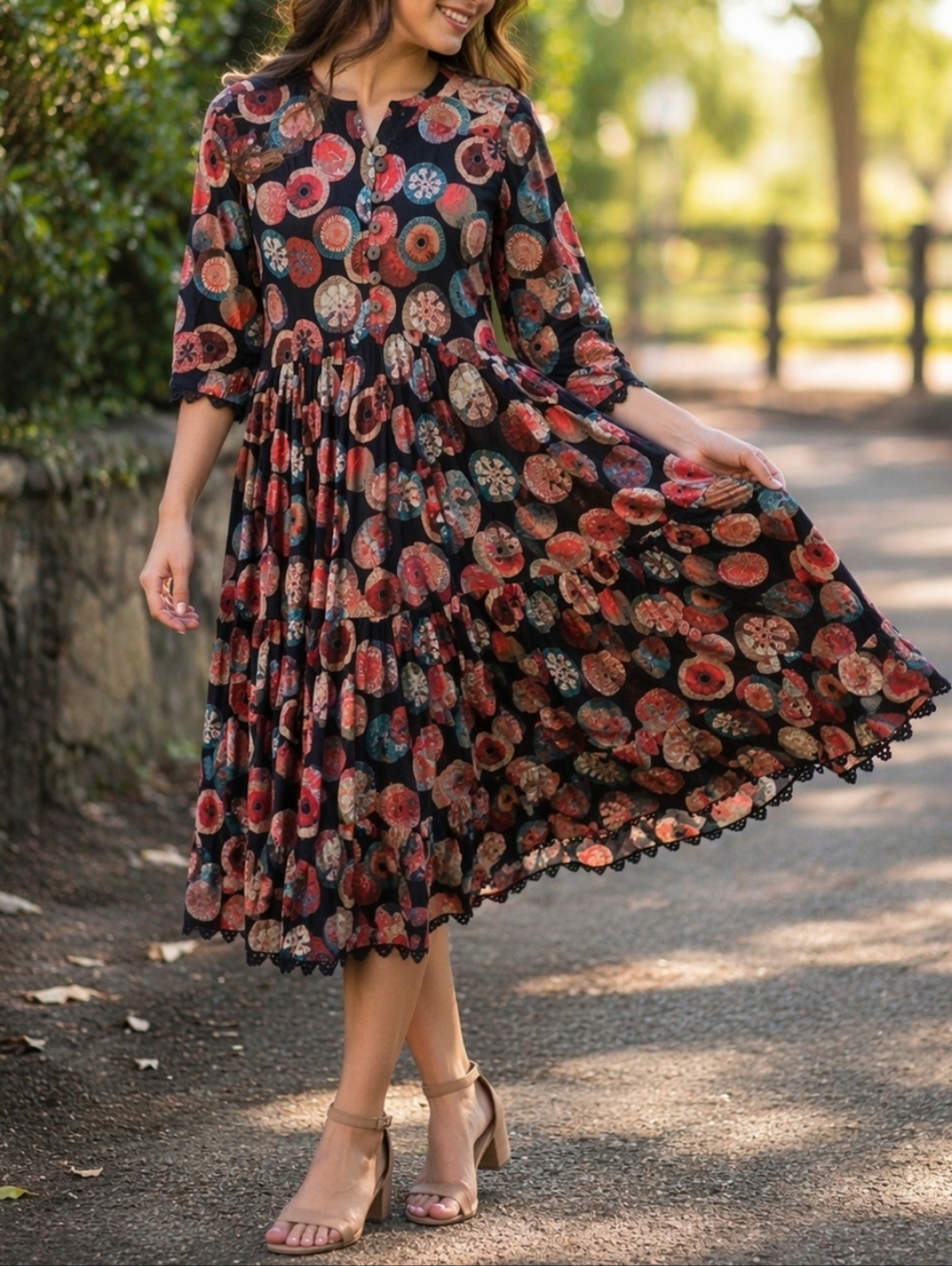 NWT Papillon Artsy Print Boho Midi Dress 100% Viscose Button Front Flowy